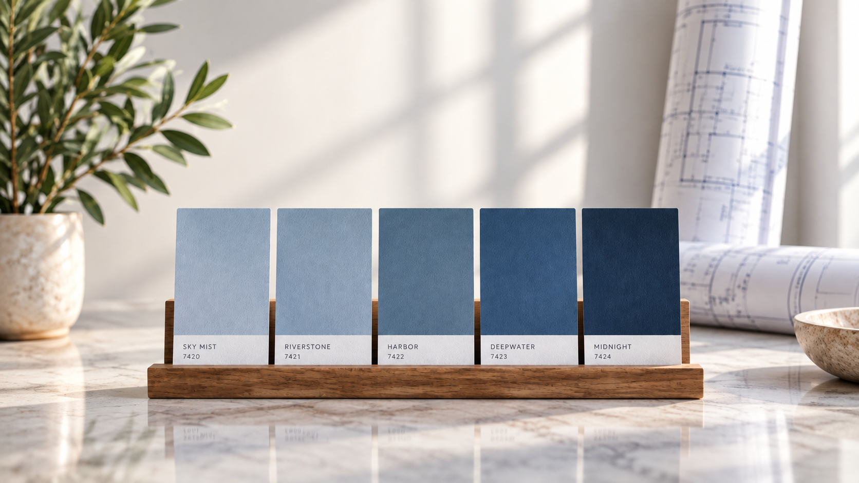 Five labeled paint swatches in different shades of blue, illustrating how the same word can mean different things to different people