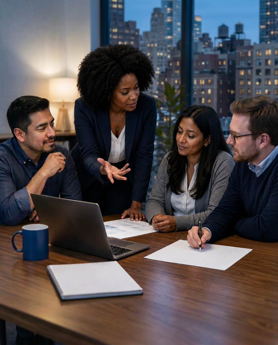 A diverse team of four collaborating around a conference table in warm evening light